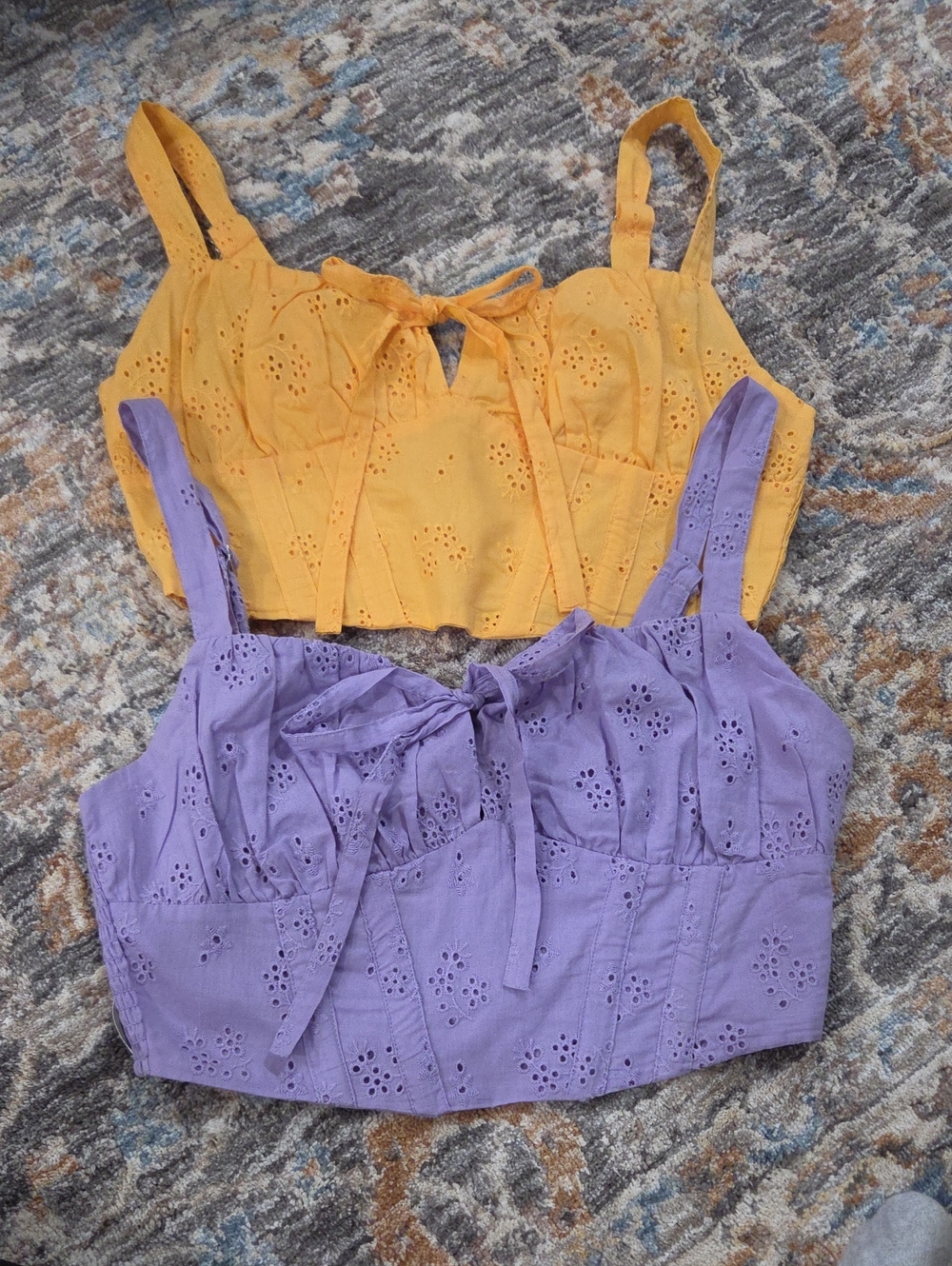 Set Of 2 NEW Eyelet Tie-Front Crop Top - Yellow and Lavender